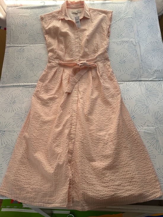 LOFT Dresses & Skirts - LOFT Sleeveless Seersucker Peach Stripe Dress Button Up size 4